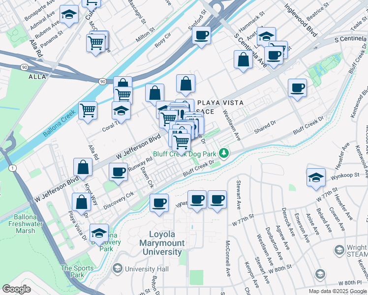 map of restaurants, bars, coffee shops, grocery stores, and more near 12775 Millennium Drive in Los Angeles