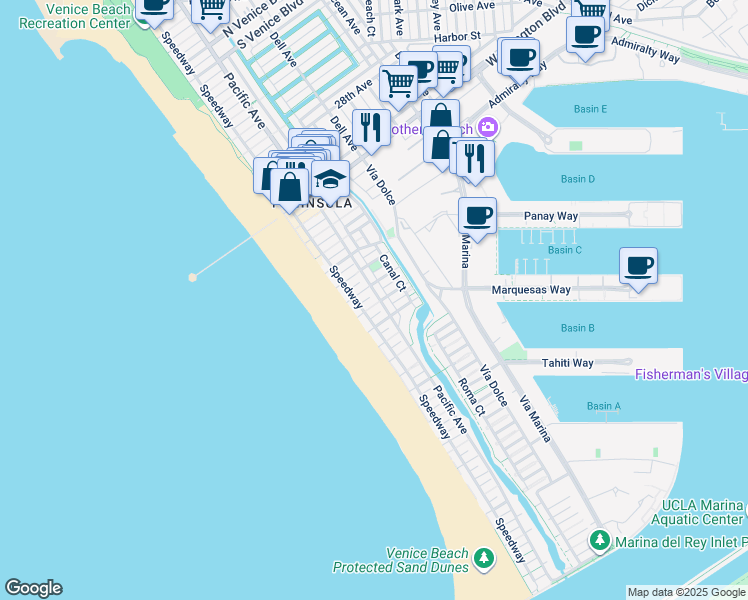 map of restaurants, bars, coffee shops, grocery stores, and more near 114 Fleet Street in Marina del Rey