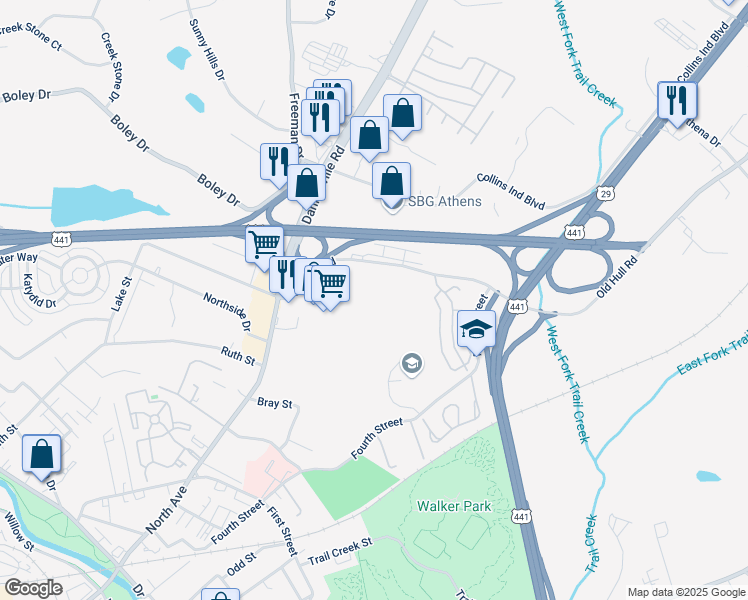 map of restaurants, bars, coffee shops, grocery stores, and more near 490 North Avenue in Athens