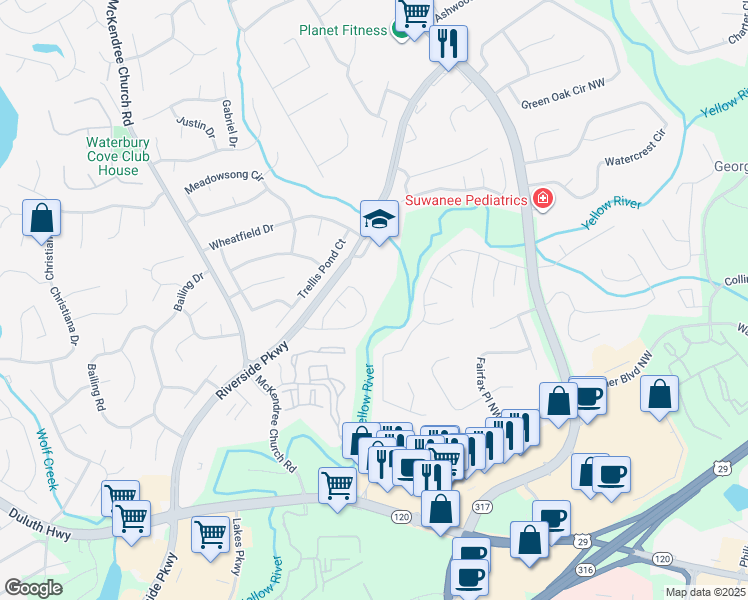 map of restaurants, bars, coffee shops, grocery stores, and more near 705 Station View Run in Lawrenceville