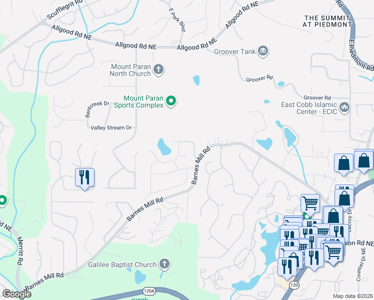 map of restaurants, bars, coffee shops, grocery stores, and more near 1762 Millview Drive Northeast in Marietta