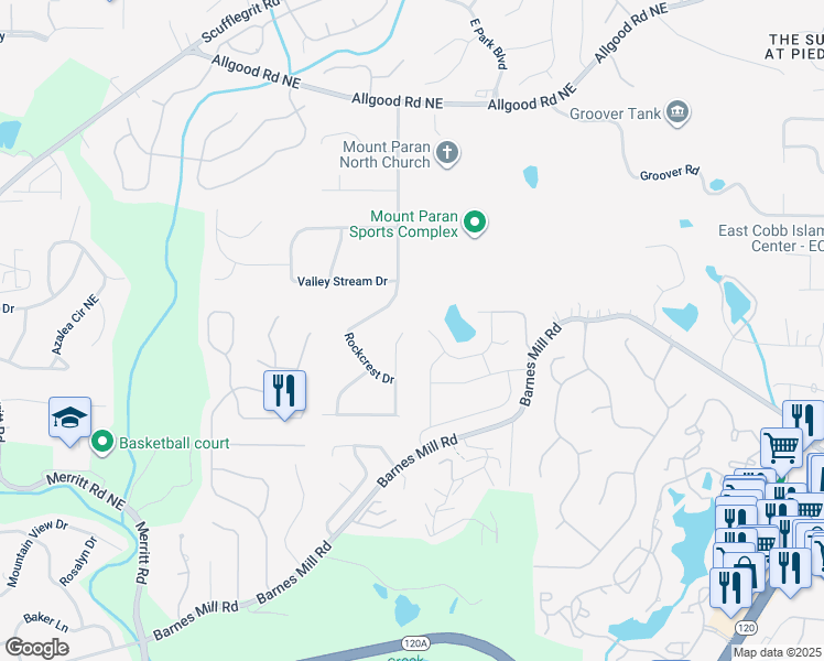 map of restaurants, bars, coffee shops, grocery stores, and more near 930 Mountain Top Drive Northeast in Marietta