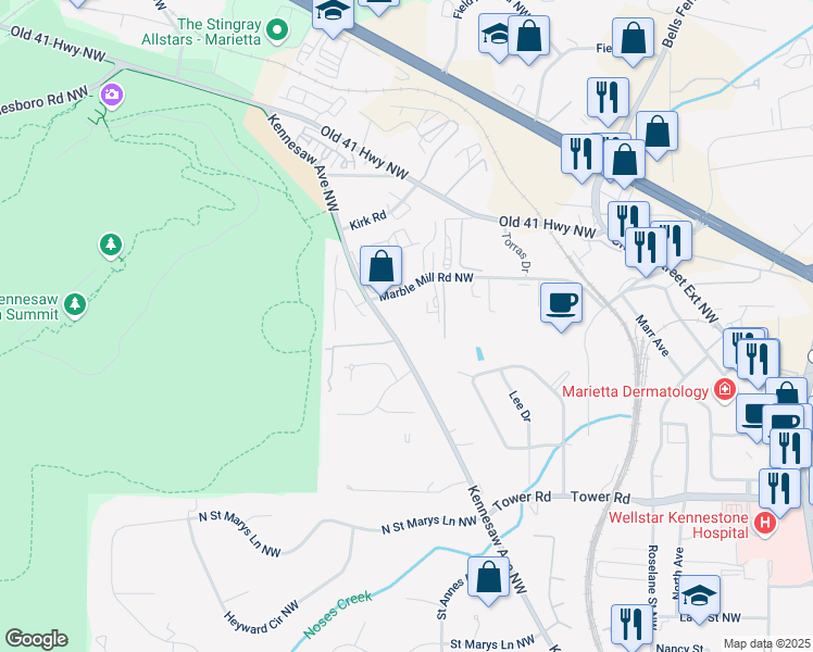 map of restaurants, bars, coffee shops, grocery stores, and more near 800 Kennesaw Avenue Northwest in Marietta