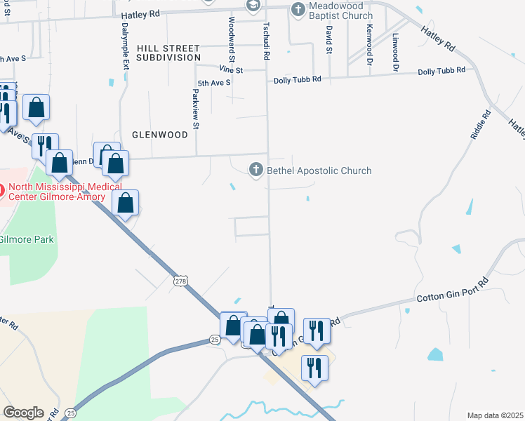 map of restaurants, bars, coffee shops, grocery stores, and more near 910 Tschudi Road in Amory