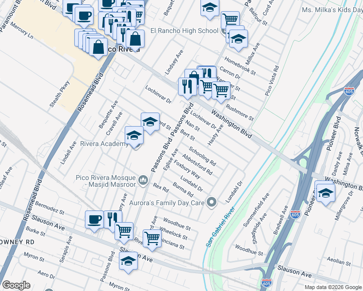 map of restaurants, bars, coffee shops, grocery stores, and more near 7158 Passons Boulevard in Pico Rivera