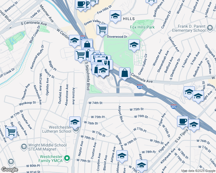 map of restaurants, bars, coffee shops, grocery stores, and more near 6006 Center Drive in Los Angeles