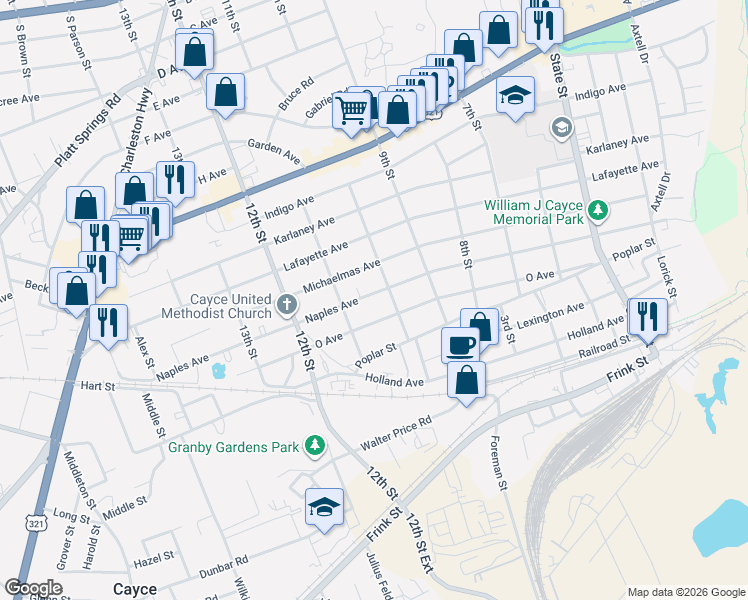 map of restaurants, bars, coffee shops, grocery stores, and more near 958 Naples Avenue in Cayce