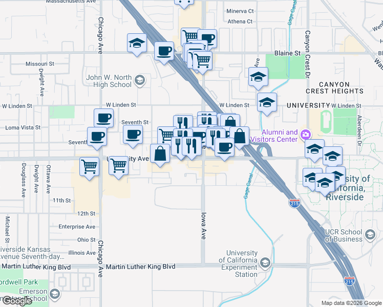 map of restaurants, bars, coffee shops, grocery stores, and more near 1303 University Avenue in Riverside