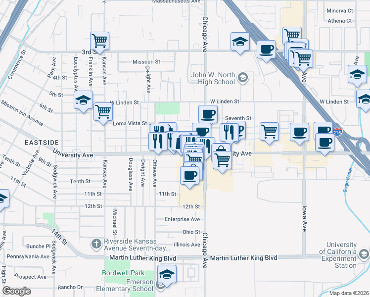 map of restaurants, bars, coffee shops, grocery stores, and more near 1744 Seventh Street in Riverside
