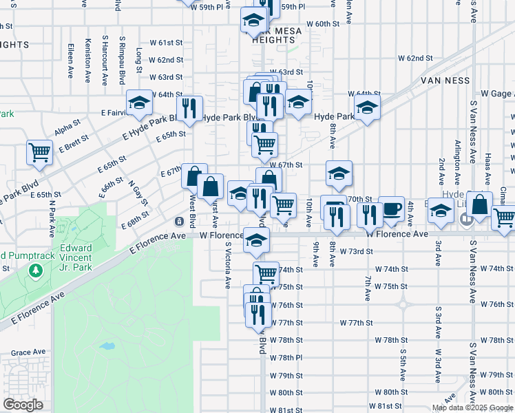 map of restaurants, bars, coffee shops, grocery stores, and more near 6812 Crenshaw Boulevard in Los Angeles