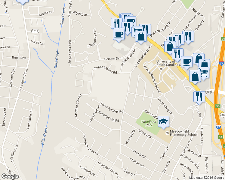 map of restaurants, bars, coffee shops, grocery stores, and more near 409 Old Woodlands Road in Columbia