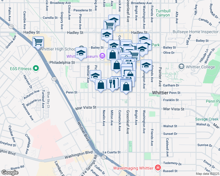 map of restaurants, bars, coffee shops, grocery stores, and more near 7222 Milton Avenue in Whittier