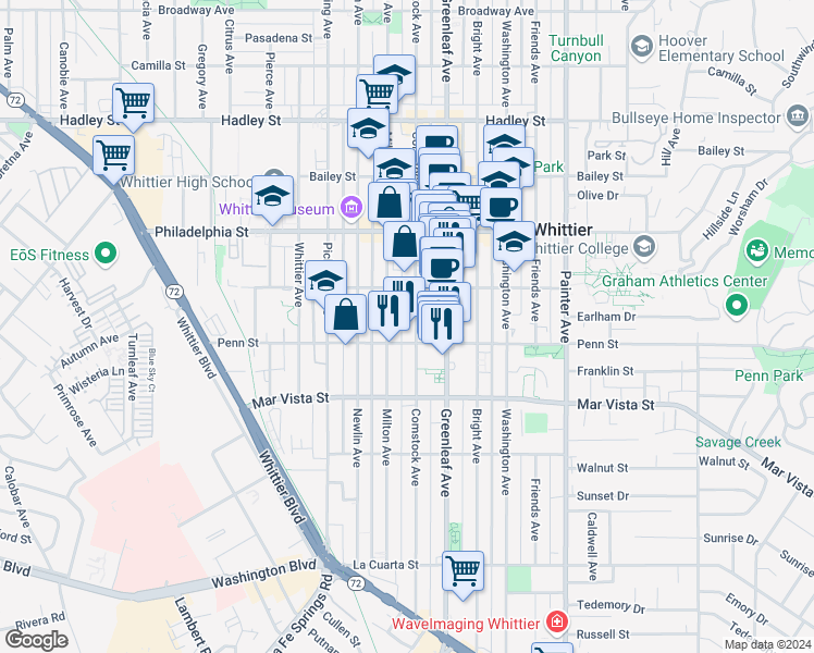 map of restaurants, bars, coffee shops, grocery stores, and more near 7245 Comstock Avenue in Whittier