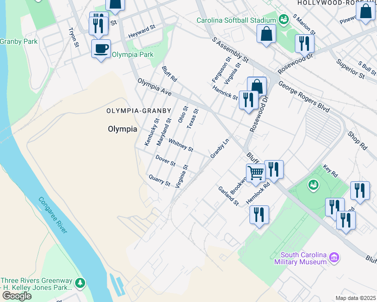 map of restaurants, bars, coffee shops, grocery stores, and more near 1222 Whitney Street in Columbia