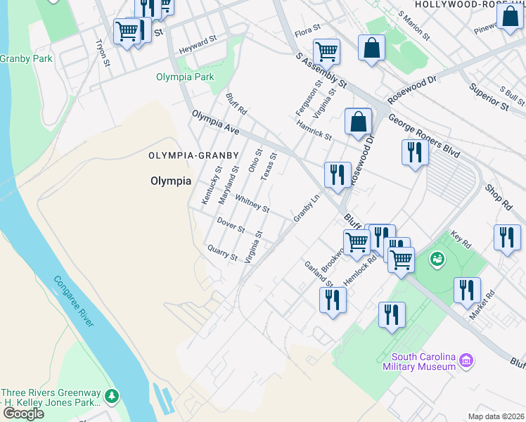 map of restaurants, bars, coffee shops, grocery stores, and more near 1222 Whitney Street in Columbia