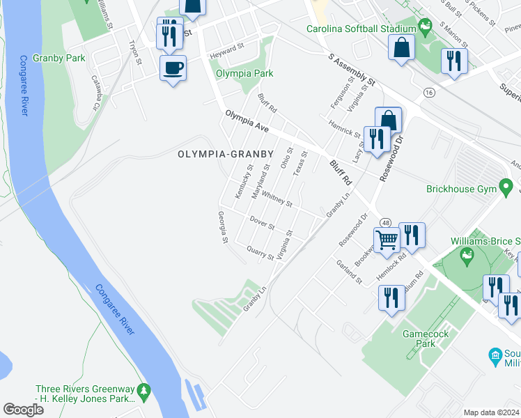 map of restaurants, bars, coffee shops, grocery stores, and more near 839 Ohio Street in Columbia