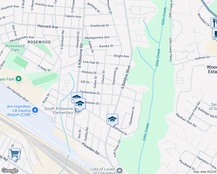 map of restaurants, bars, coffee shops, grocery stores, and more near 3944 Hickory Street in Columbia