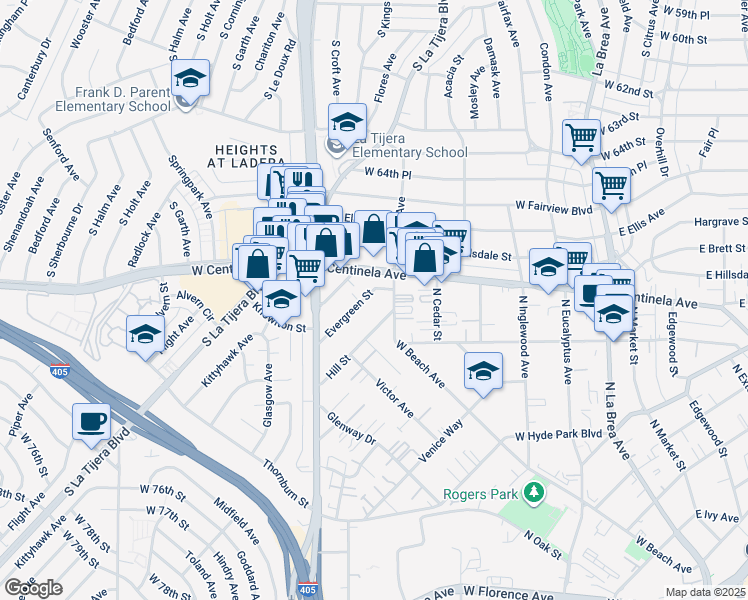 map of restaurants, bars, coffee shops, grocery stores, and more near 512 Evergreen Street in Inglewood