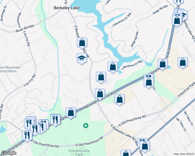 map of restaurants, bars, coffee shops, grocery stores, and more near 4347 South Berkeley Lake Road Northwest in Duluth