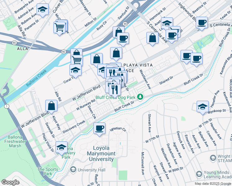 map of restaurants, bars, coffee shops, grocery stores, and more near 12775 Millennium Drive in Los Angeles