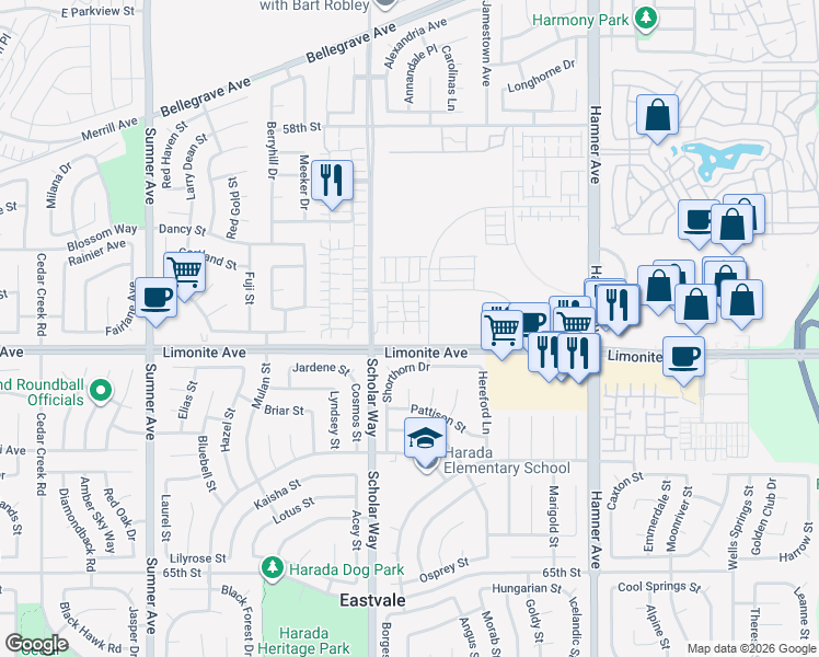 map of restaurants, bars, coffee shops, grocery stores, and more near 12925 Paradiso Drive in Eastvale
