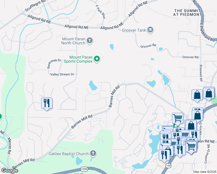 map of restaurants, bars, coffee shops, grocery stores, and more near 1787 Millview Drive Northeast in Marietta