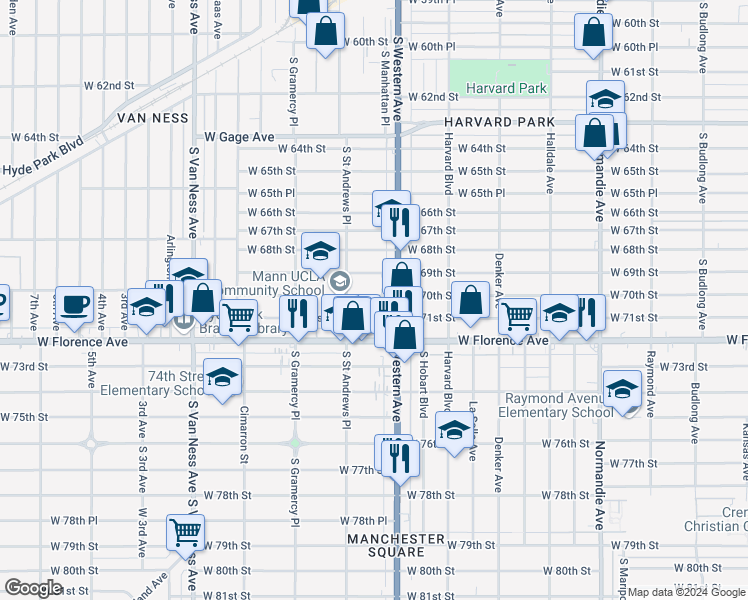 map of restaurants, bars, coffee shops, grocery stores, and more near 1830 West 70th Street in Los Angeles
