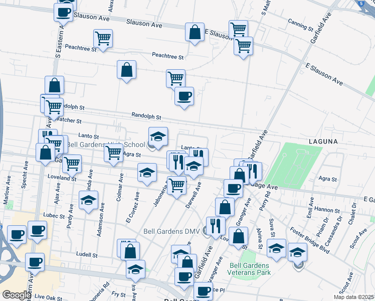 map of restaurants, bars, coffee shops, grocery stores, and more near 6226 Lanto Street in Bell Gardens