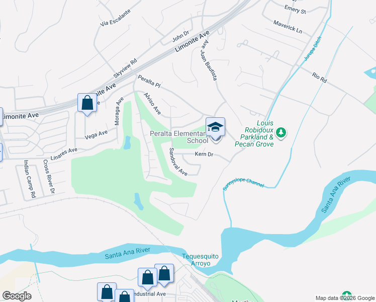 map of restaurants, bars, coffee shops, grocery stores, and more near 6930 Kern Drive in Riverside