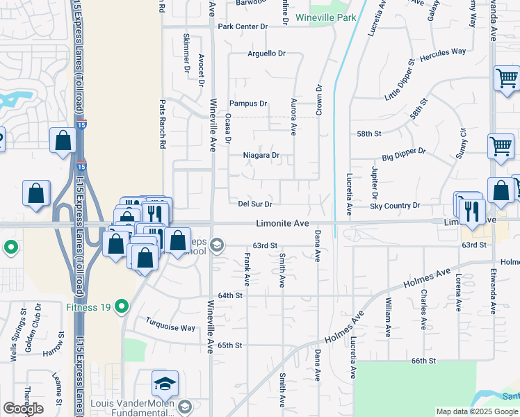 map of restaurants, bars, coffee shops, grocery stores, and more near 11686 Del Sur Drive in Jurupa Valley