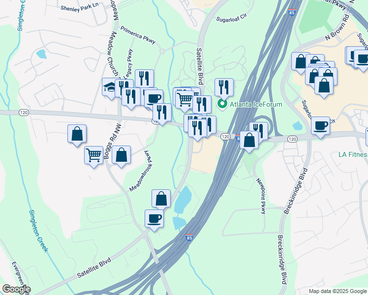 map of restaurants, bars, coffee shops, grocery stores, and more near 2365 Satellite Boulevard Northwest in Duluth