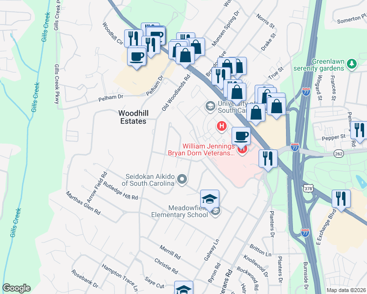map of restaurants, bars, coffee shops, grocery stores, and more near 315 Black Friars Road in Columbia