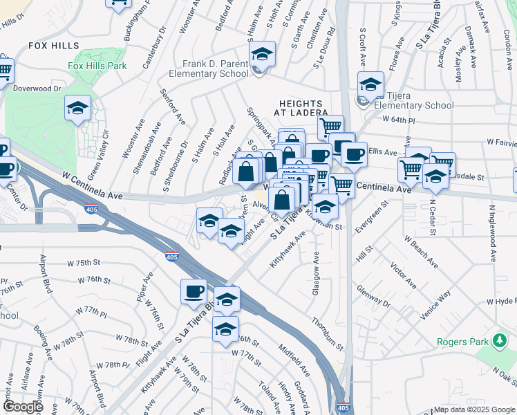 map of restaurants, bars, coffee shops, grocery stores, and more near 5452 Alvern Circle in Los Angeles