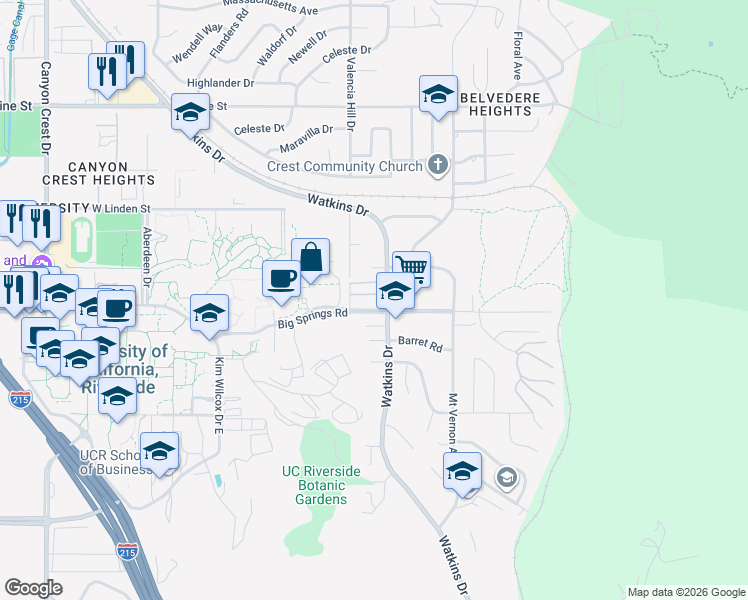 map of restaurants, bars, coffee shops, grocery stores, and more near 257 West Big Springs Road in Riverside