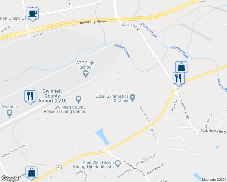 map of restaurants, bars, coffee shops, grocery stores, and more near 606 Grenier Terrace Northeast in Lawrenceville