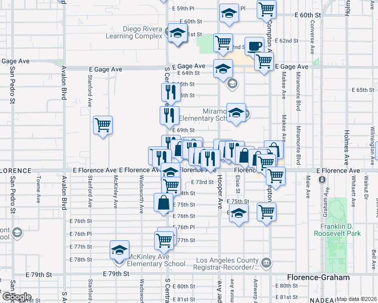 map of restaurants, bars, coffee shops, grocery stores, and more near 1153 East 71st Street in Los Angeles