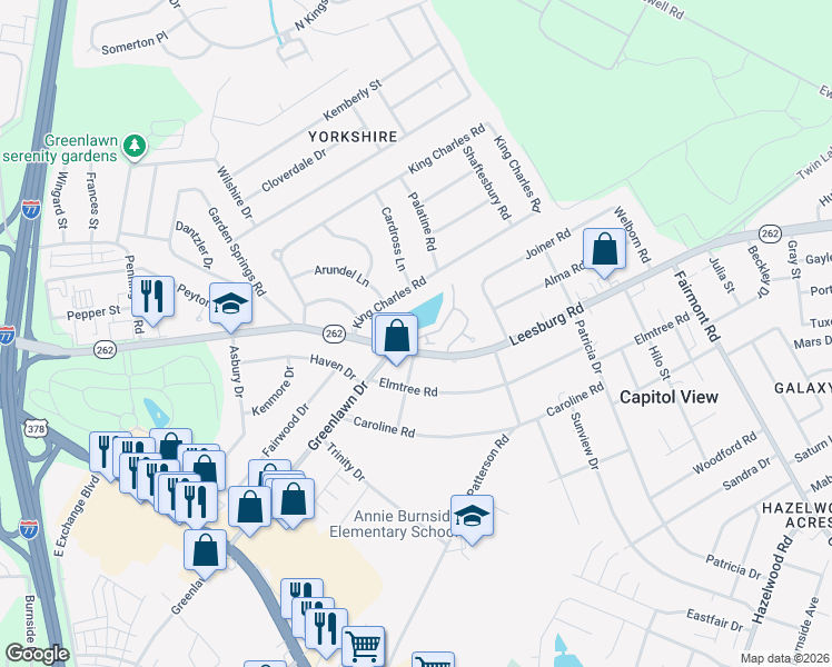 map of restaurants, bars, coffee shops, grocery stores, and more near 109 Village Walk in Columbia