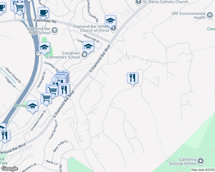 map of restaurants, bars, coffee shops, grocery stores, and more near 2682 Shadow Canyon Drive in Diamond Bar