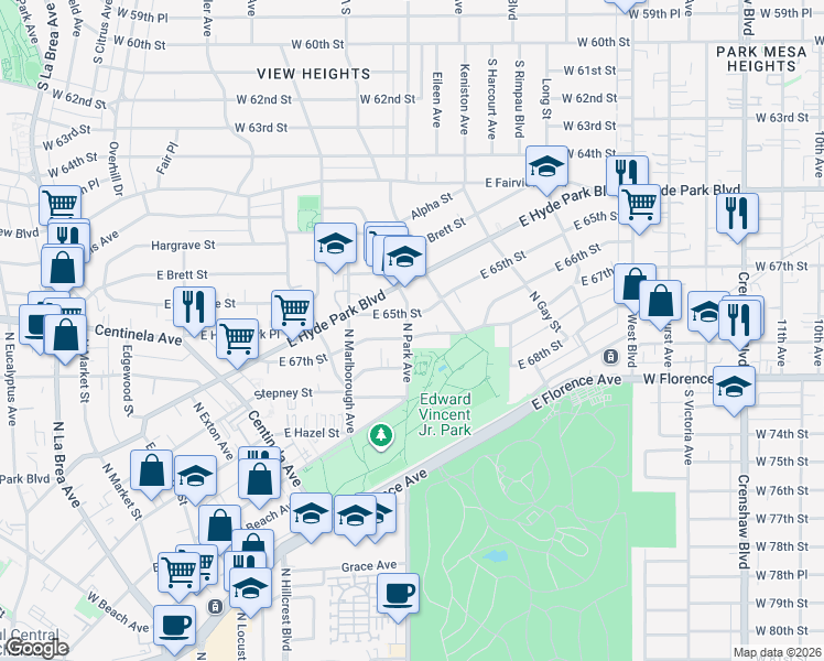 map of restaurants, bars, coffee shops, grocery stores, and more near 915 North Park Avenue in Inglewood