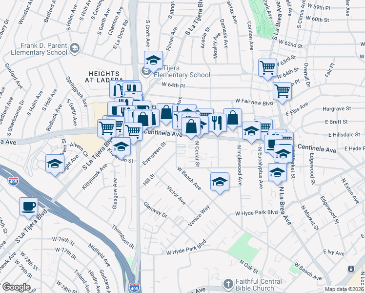 map of restaurants, bars, coffee shops, grocery stores, and more near in Inglewood