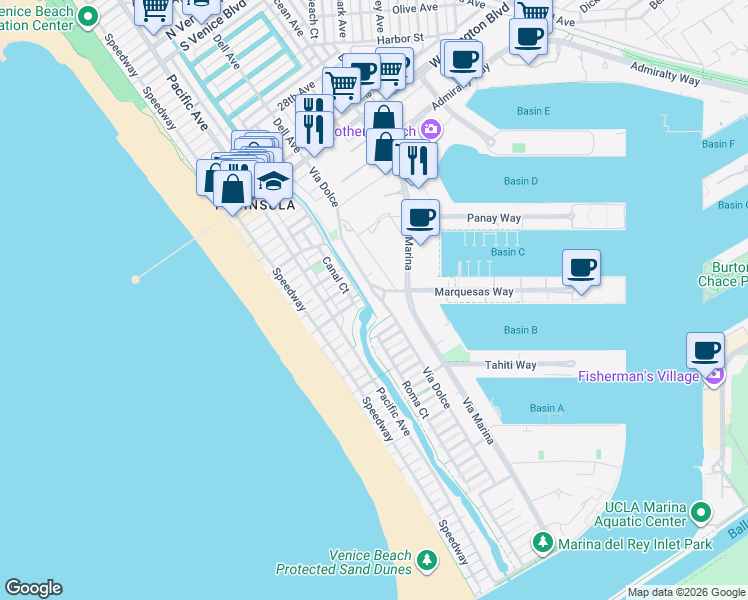map of restaurants, bars, coffee shops, grocery stores, and more near 3811 Via Dolce in Marina del Rey