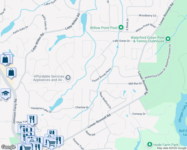 map of restaurants, bars, coffee shops, grocery stores, and more near 5194 Forest Brook Parkway in Marietta