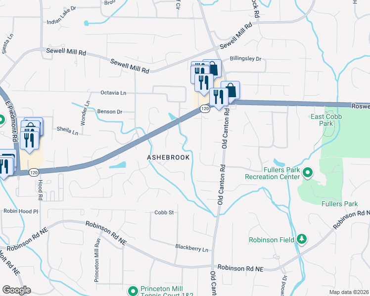 map of restaurants, bars, coffee shops, grocery stores, and more near 1107 Midsummer Court Northeast in Marietta