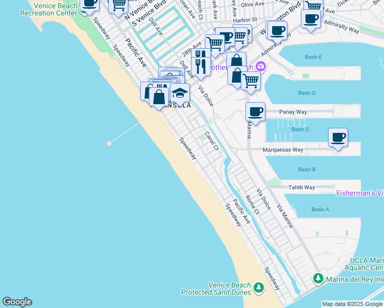 map of restaurants, bars, coffee shops, grocery stores, and more near Speedway & Fleet Street in Marina del Rey
