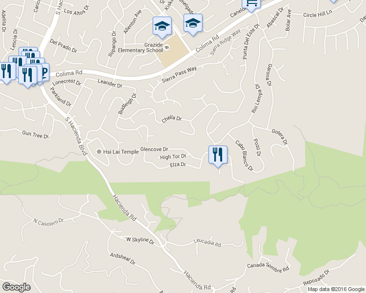 map of restaurants, bars, coffee shops, grocery stores, and more near 16227 Glencove Drive in Hacienda Heights