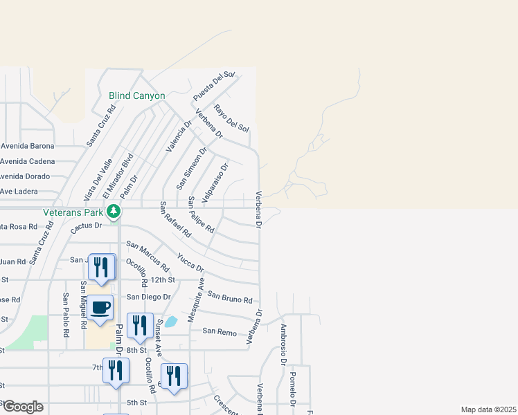 map of restaurants, bars, coffee shops, grocery stores, and more near 92440 Mission Lakes Boulevard in Desert Hot Springs