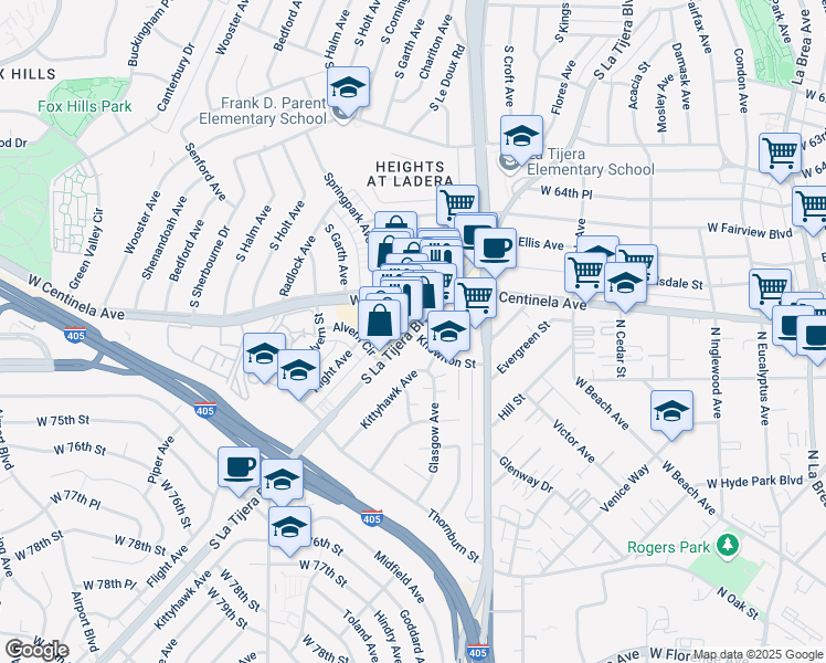 map of restaurants, bars, coffee shops, grocery stores, and more near La Tijera Boulevard & Knowlton Street in Los Angeles