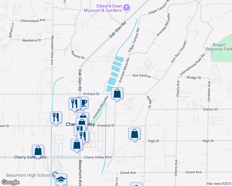 map of restaurants, bars, coffee shops, grocery stores, and more near 10325 Live Oak Avenue in Cherry Valley