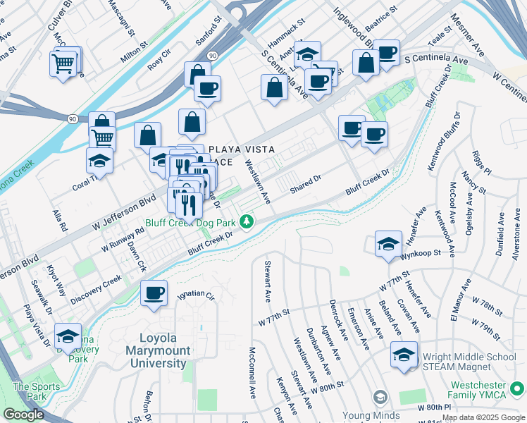 map of restaurants, bars, coffee shops, grocery stores, and more near 12655 Bluff Creek Drive in Los Angeles