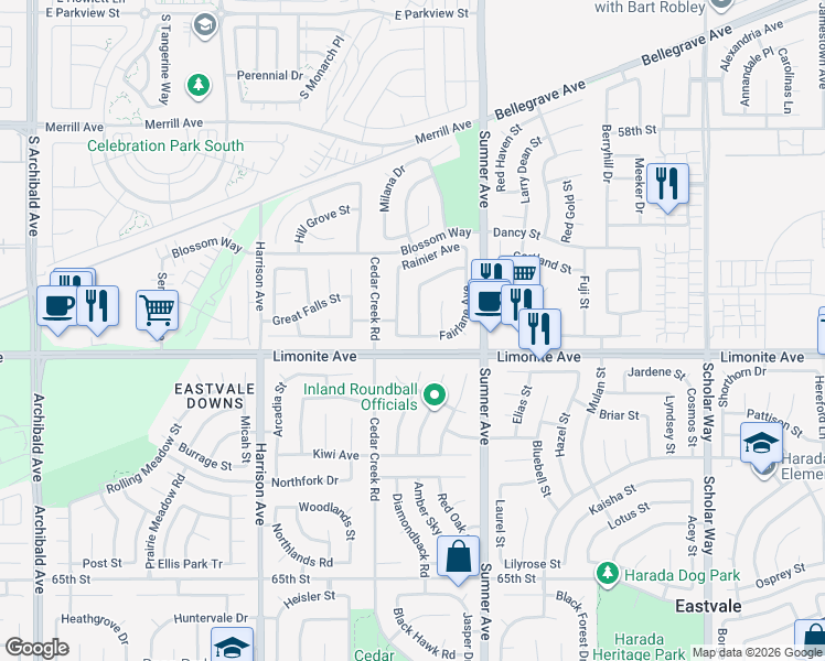 map of restaurants, bars, coffee shops, grocery stores, and more near 6179 El Dorado Drive in Corona